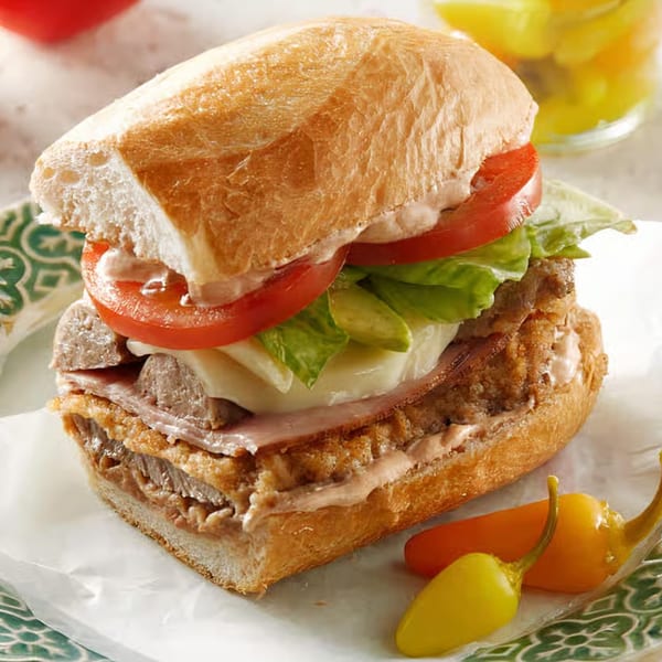 La Tiendita Mexican Restaurant's torta with meat, cheese, lettuce, and tomato on a bun.